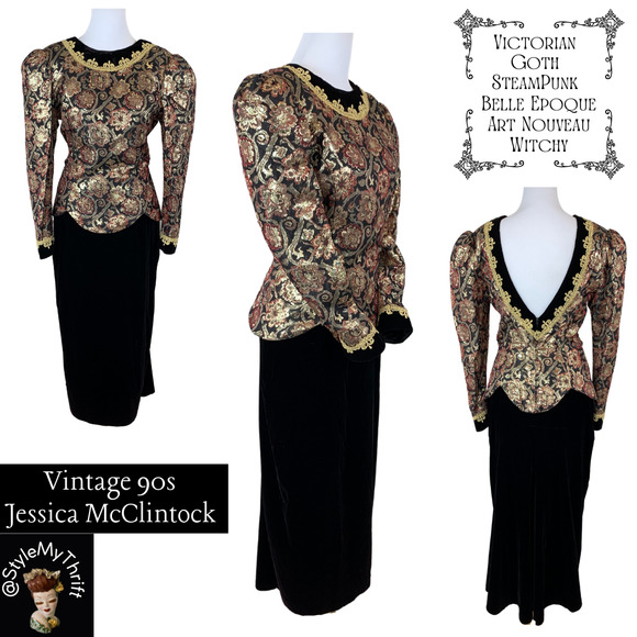 Vintage 90s Jessica McClintock VictorianGoth SteamPunk Witchy Belle Epoque Dress - Picture 1 of 11
